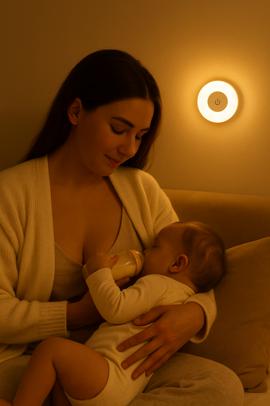 Mother holding baby with warm night light on the wall