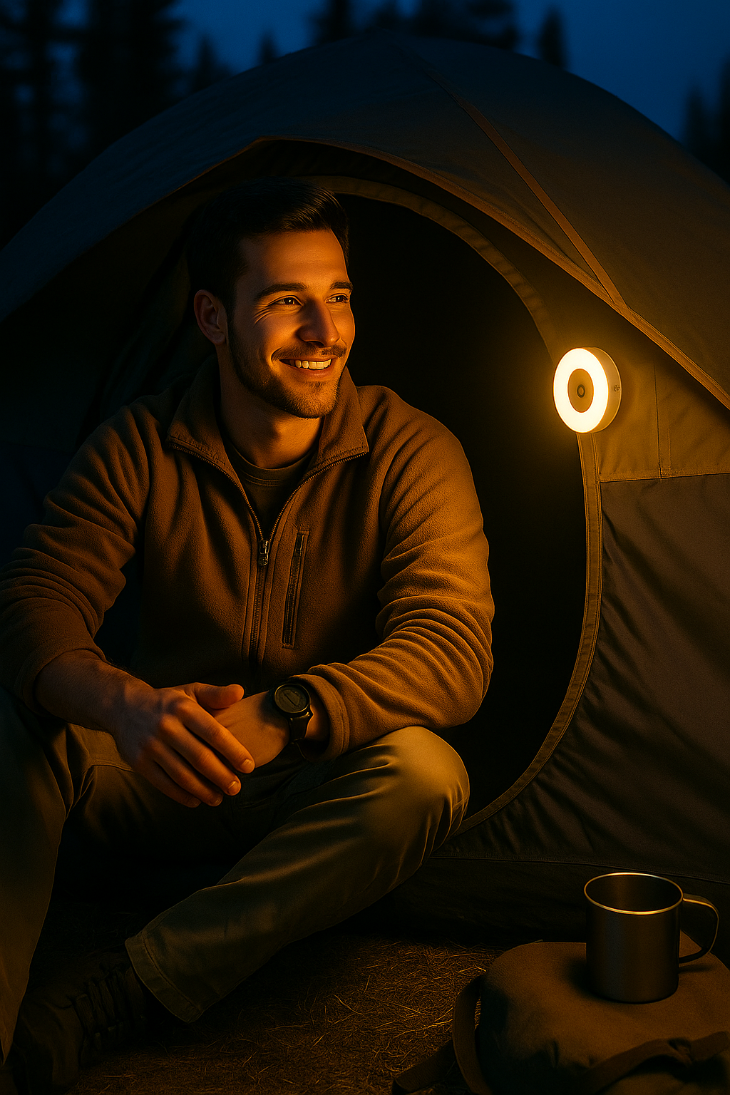 Man sitting in a tent lit by portable LED night light