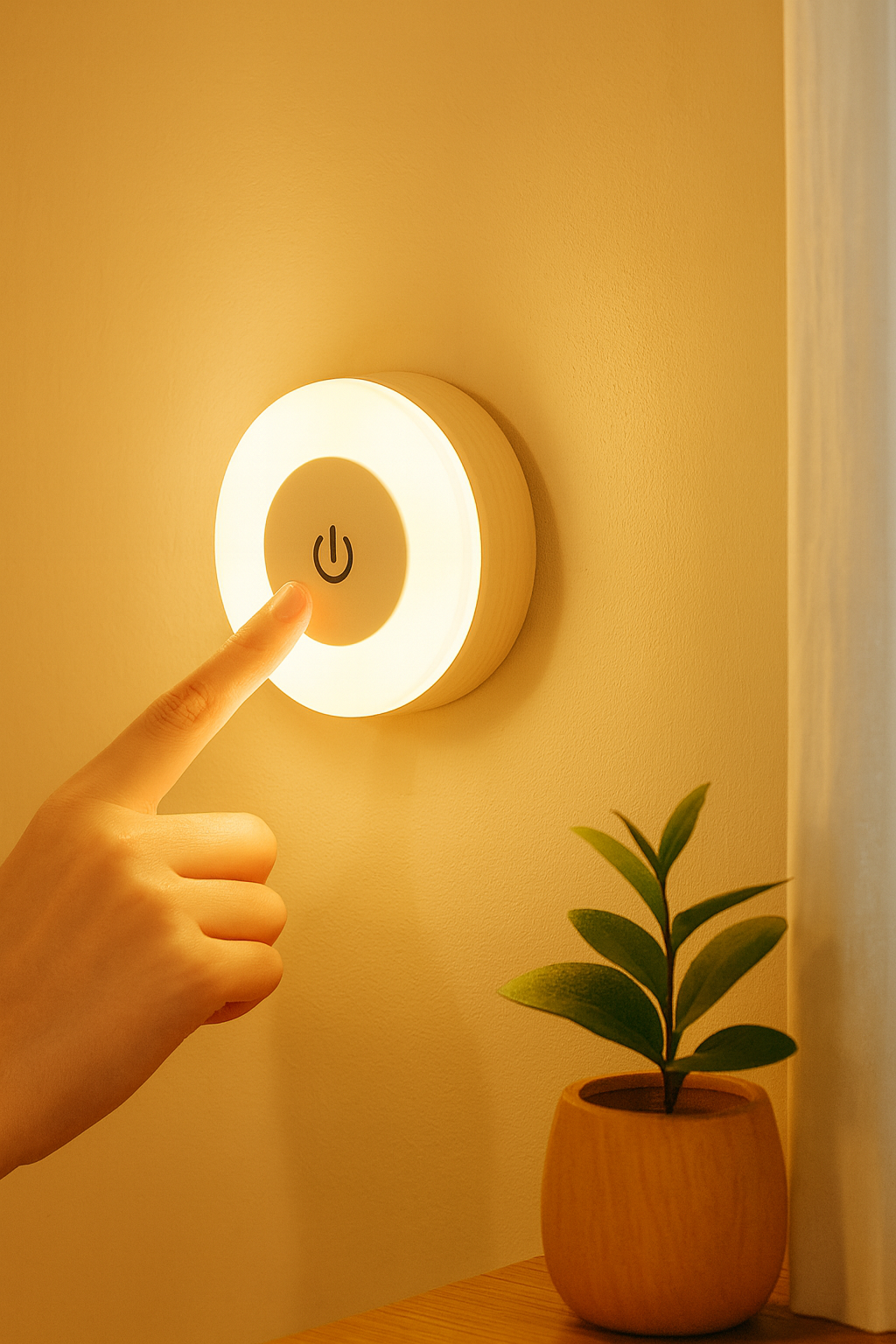 Finger touching LED night light to turn on