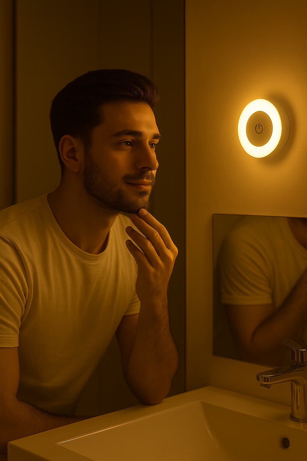 Man grooming in bathroom with wall-mounted night light