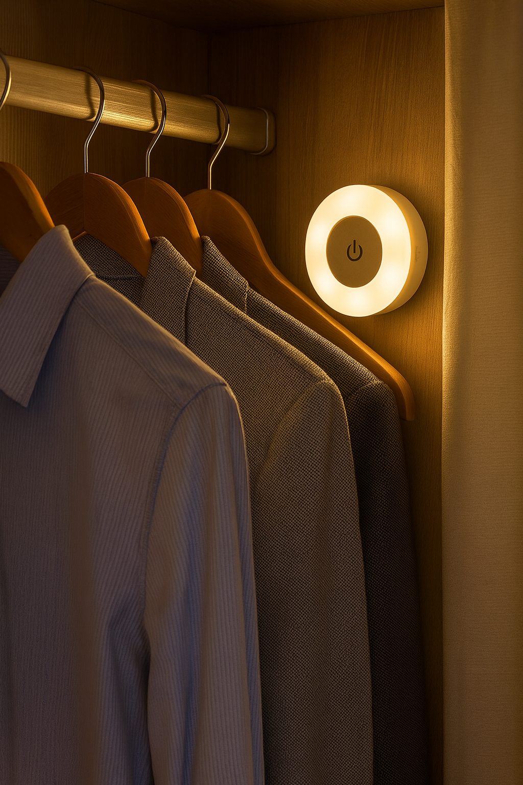 Closet lit by magnetic LED light with clothes hanging