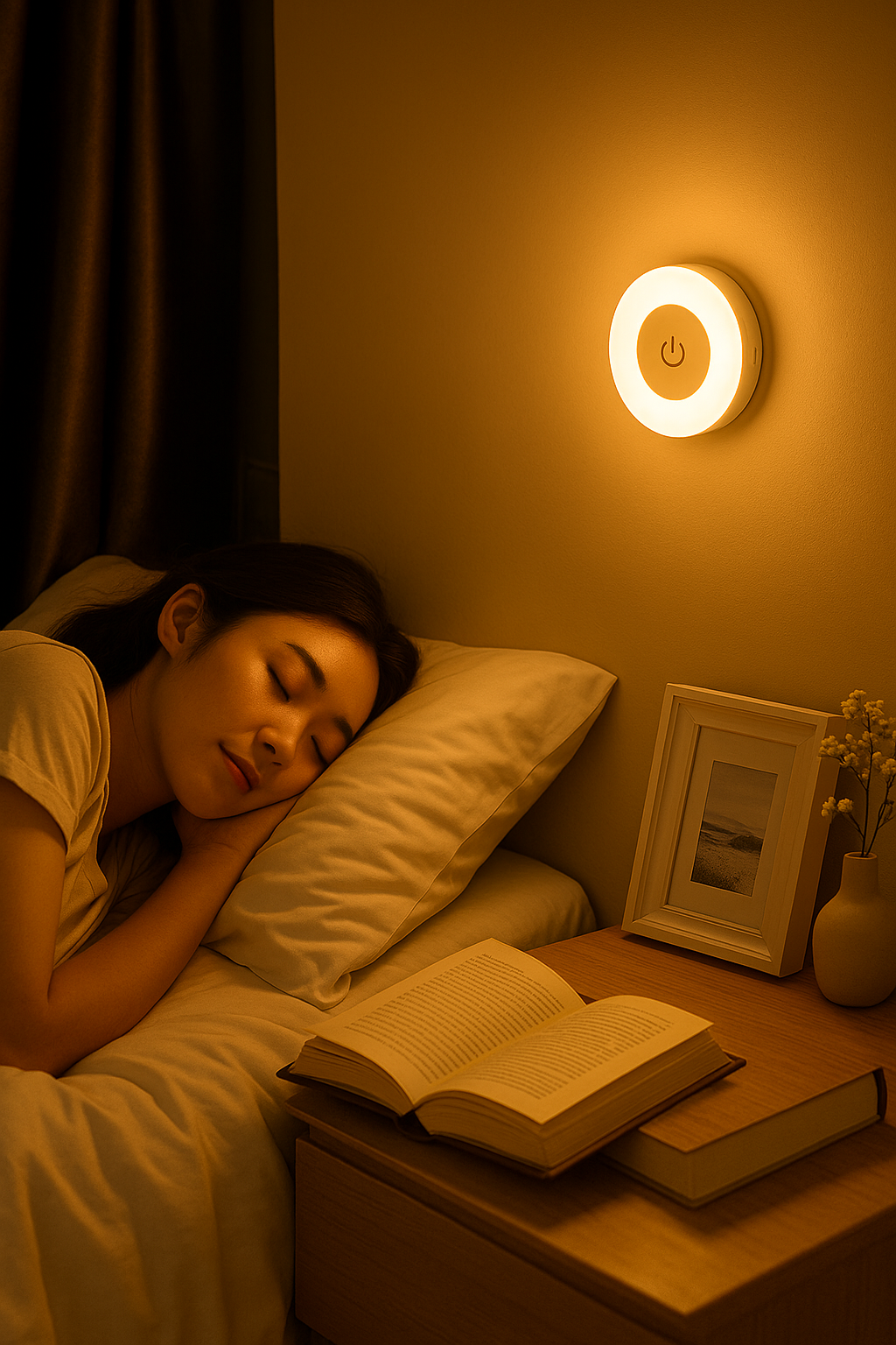 Bedside table with books and night light, woman sleeping
