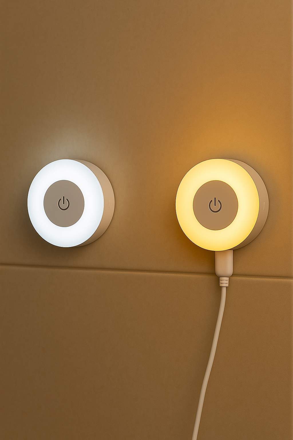 Two wall-mounted LED lights, warm and cool color modes, charging cable visible